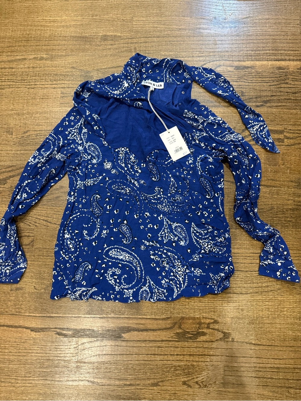 Royal Blue Paisley Tie-Neck Blouse